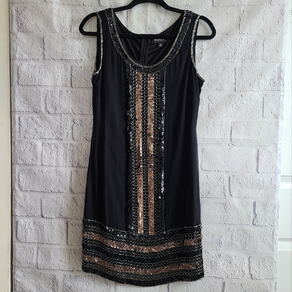 Adrianna Papell Black Sequin Mini Dress with Gold Accents